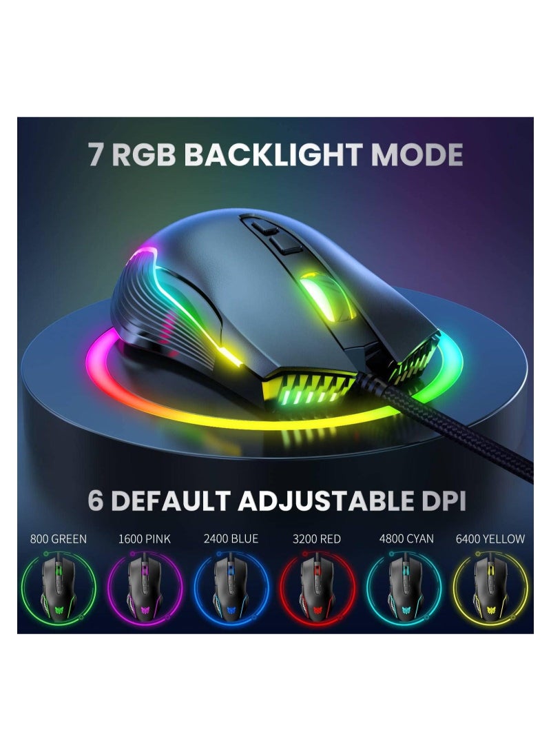 RGB 6400 DPI Wired Gaming Mouse Breathing LED Optical USB 7 Buttons Gamer Computer Pink Mice for Laptop PC Desktop