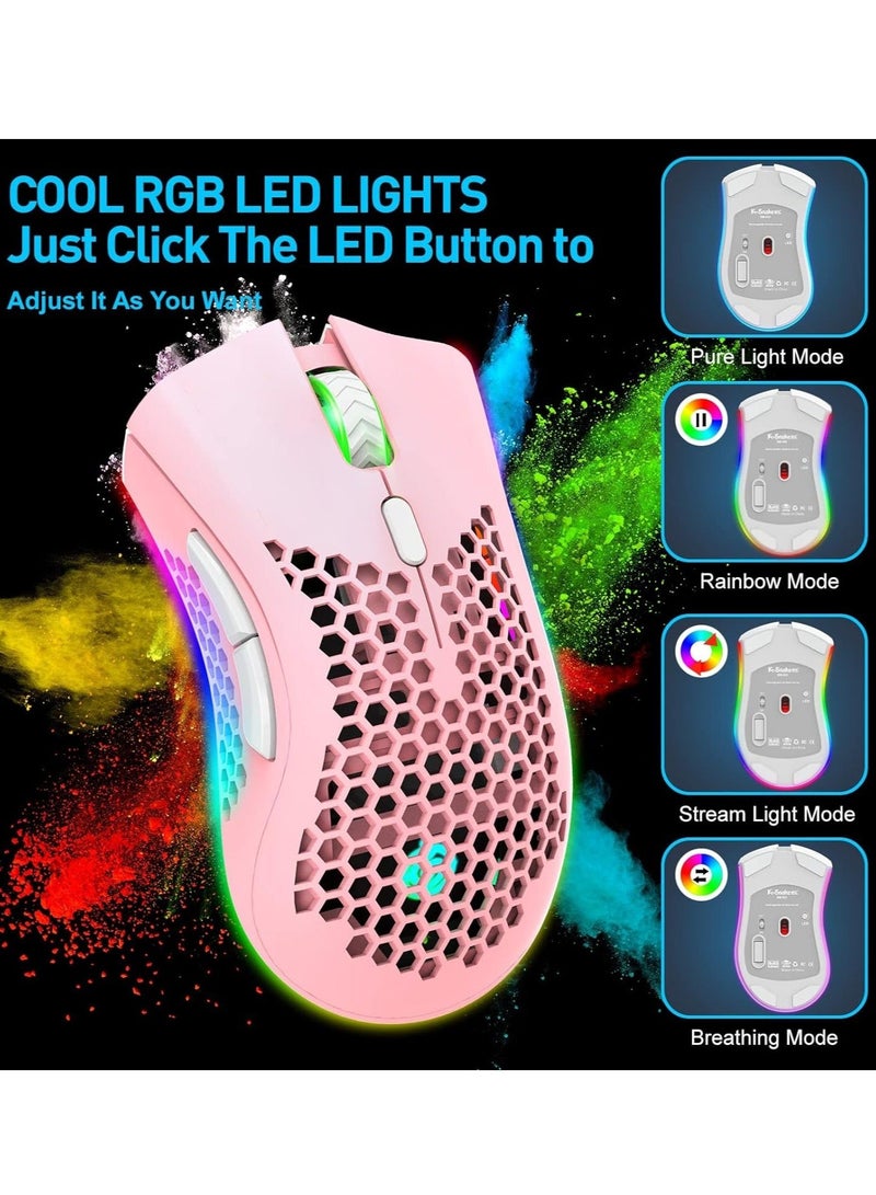 BM600 Wireless Lightweight Gaming Mouse, 2.4G Wireless Rechargeable Computer Mouse with Honeycomb Shell, USB Receiver, Adjustable DPI, Ergonomic RGB Gamer Mice for PC Mac Gamer