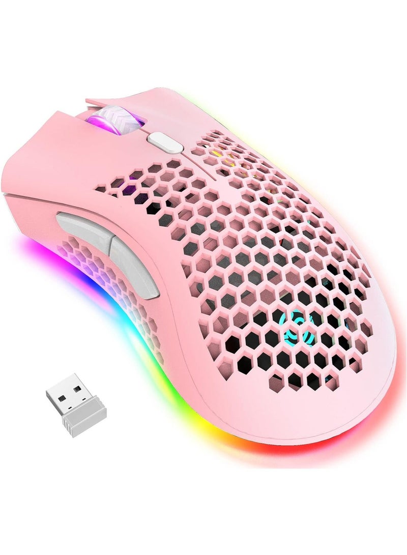 BM600 Wireless Lightweight Gaming Mouse, 2.4G Wireless Rechargeable Computer Mouse with Honeycomb Shell, USB Receiver, Adjustable DPI, Ergonomic RGB Gamer Mice for PC Mac Gamer