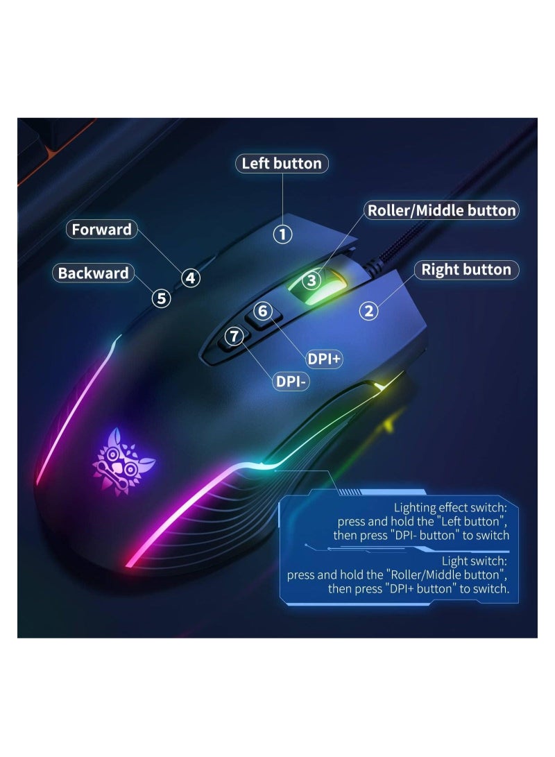 RGB 6400 DPI Wired Gaming Mouse Breathing LED Optical USB 7 Buttons Gamer Computer Pink Mice for Laptop PC Desktop