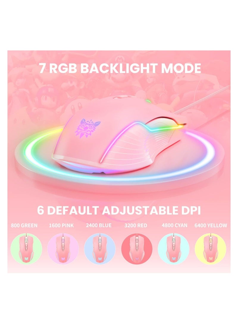 RGB 6400 DPI Wired Gaming Mouse Breathing LED Optical USB 7 Buttons Gamer Computer Pink Mice for Laptop PC Desktop