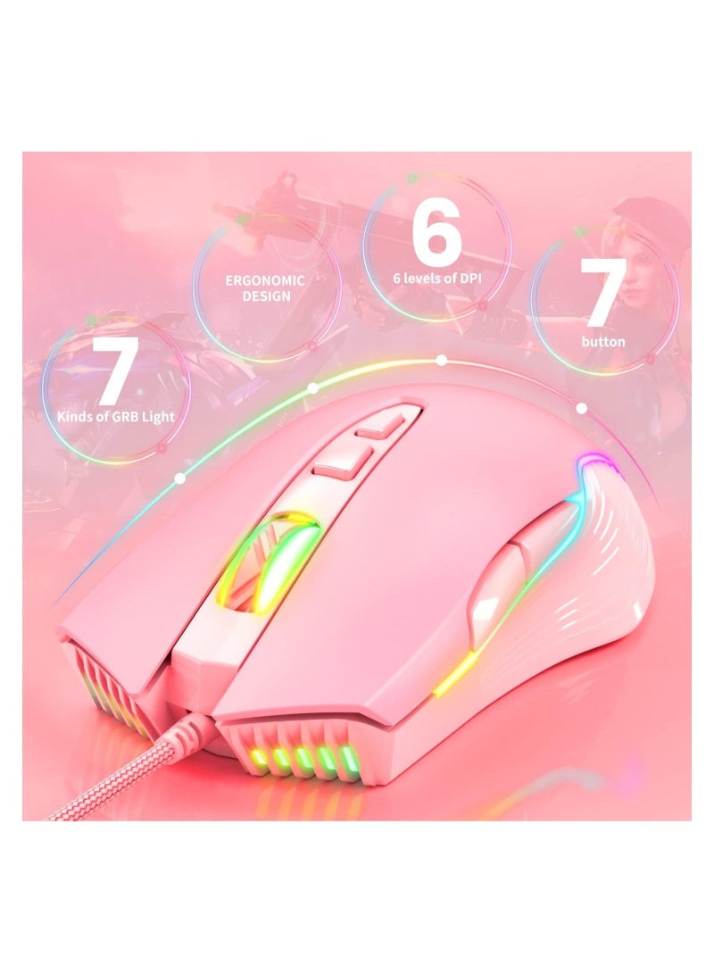 RGB 6400 DPI Wired Gaming Mouse Breathing LED Optical USB 7 Buttons Gamer Computer Pink Mice for Laptop PC Desktop