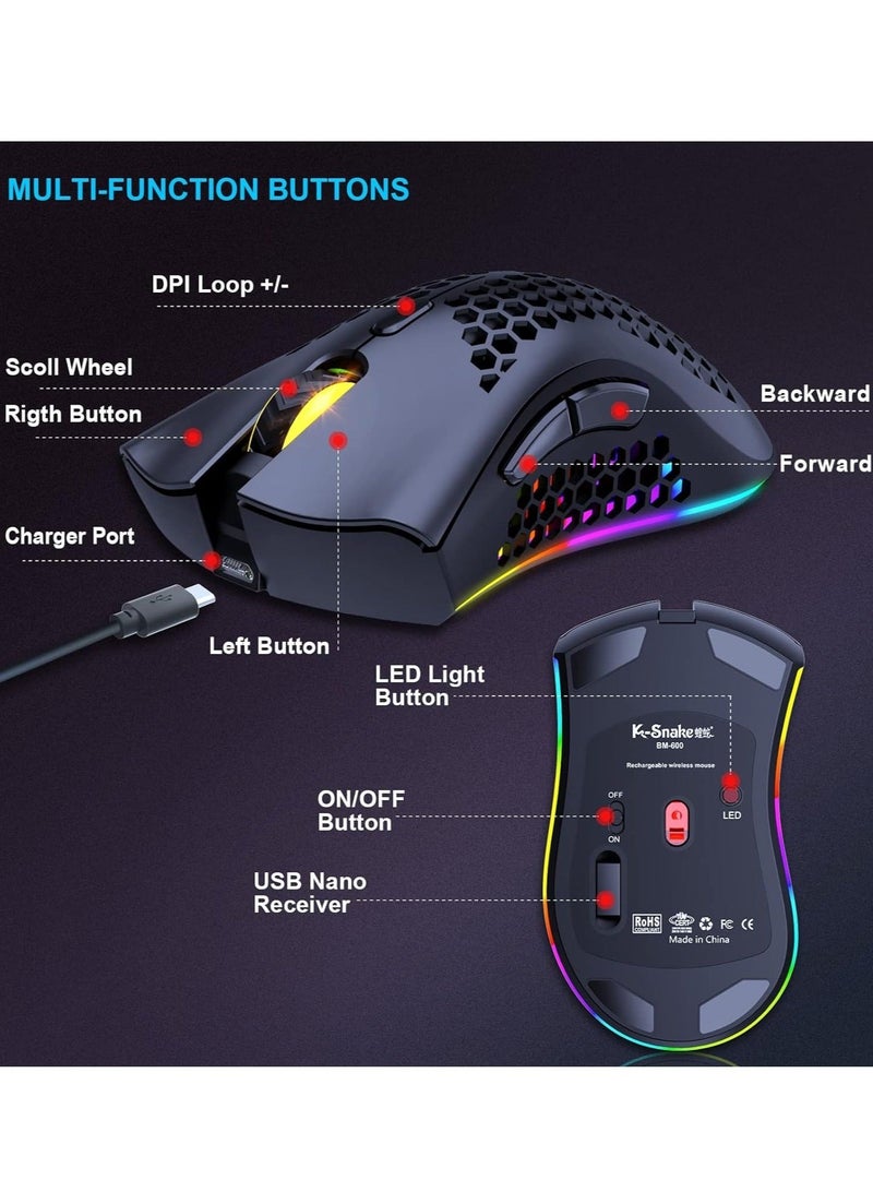 BM600 Wireless Lightweight Computer Gaming Mouse, 2.4G Wireless Rechargeable, Cellular Case, USB Receiver, Adjustable DPI, Ergonomic RGB Gaming Mouse.