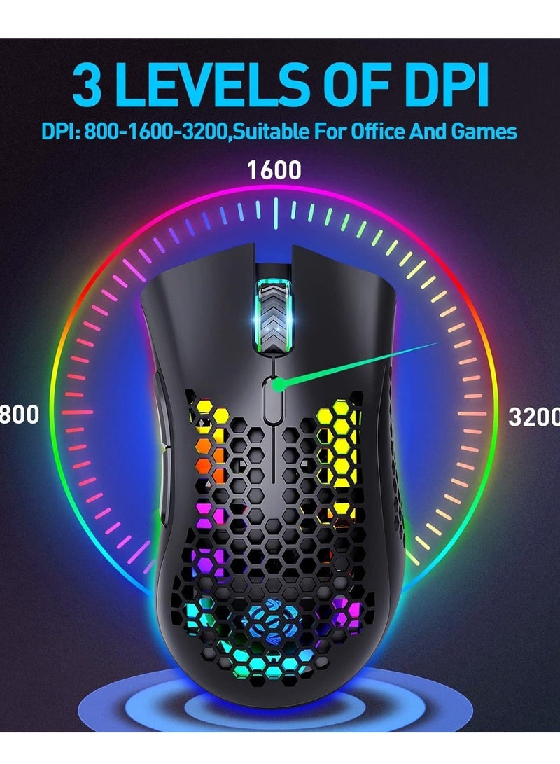 BM600 Wireless Lightweight Computer Gaming Mouse, 2.4G Wireless Rechargeable, Cellular Case, USB Receiver, Adjustable DPI, Ergonomic RGB Gaming Mouse.