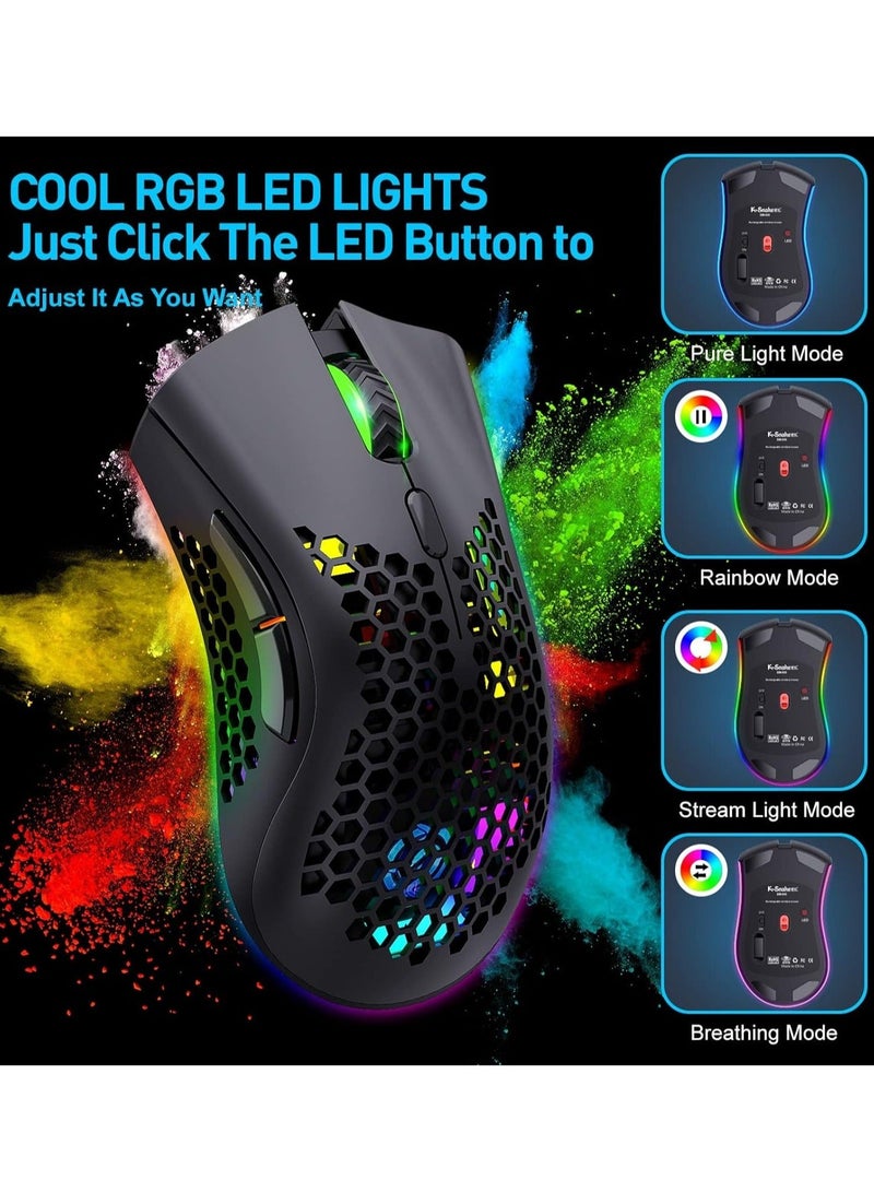 BM600 Wireless Lightweight Computer Gaming Mouse, 2.4G Wireless Rechargeable, Cellular Case, USB Receiver, Adjustable DPI, Ergonomic RGB Gaming Mouse.