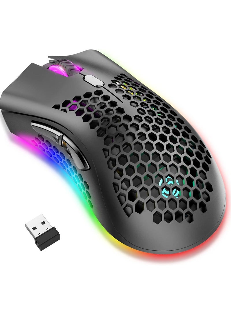 BM600 Wireless Lightweight Computer Gaming Mouse, 2.4G Wireless Rechargeable, Cellular Case, USB Receiver, Adjustable DPI, Ergonomic RGB Gaming Mouse.