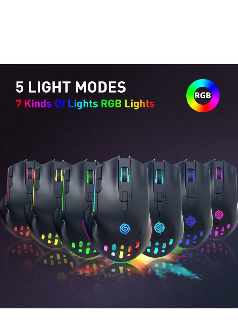 Wireless Gaming Mouse, Wired and Wireless Dual Modes Rechargeable RGB Gaming Mouse with 7 Buttons, Ergonomic and 3 Adjustable DPI Levels up to 3200 DPI for PC Laptop Gamer (Black)