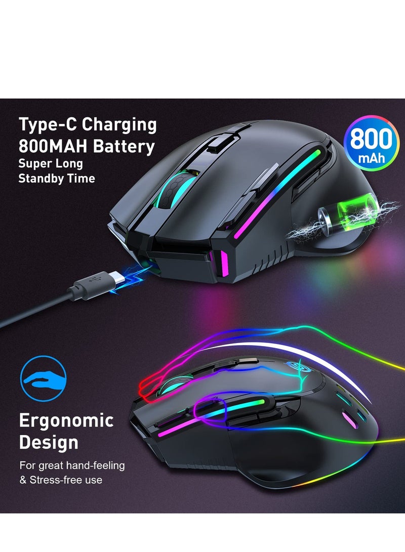 Wireless Gaming Mouse, Wired and Wireless Dual Modes Rechargeable RGB Gaming Mouse with 7 Buttons, Ergonomic and 3 Adjustable DPI Levels up to 3200 DPI for PC Laptop Gamer (Black)