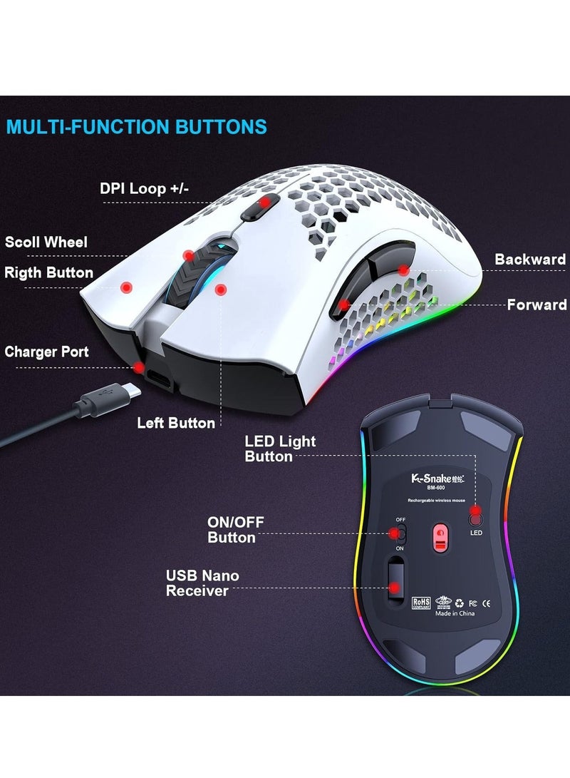 BM600 Wireless Lightweight Gaming Mouse,2.4G Wireless Rechargeable Computer Mouse with Honeycomb Shell, USB Receiver, Adjustable DPI, Ergonomic RGB Gamer Mice for PC Mac Gamer