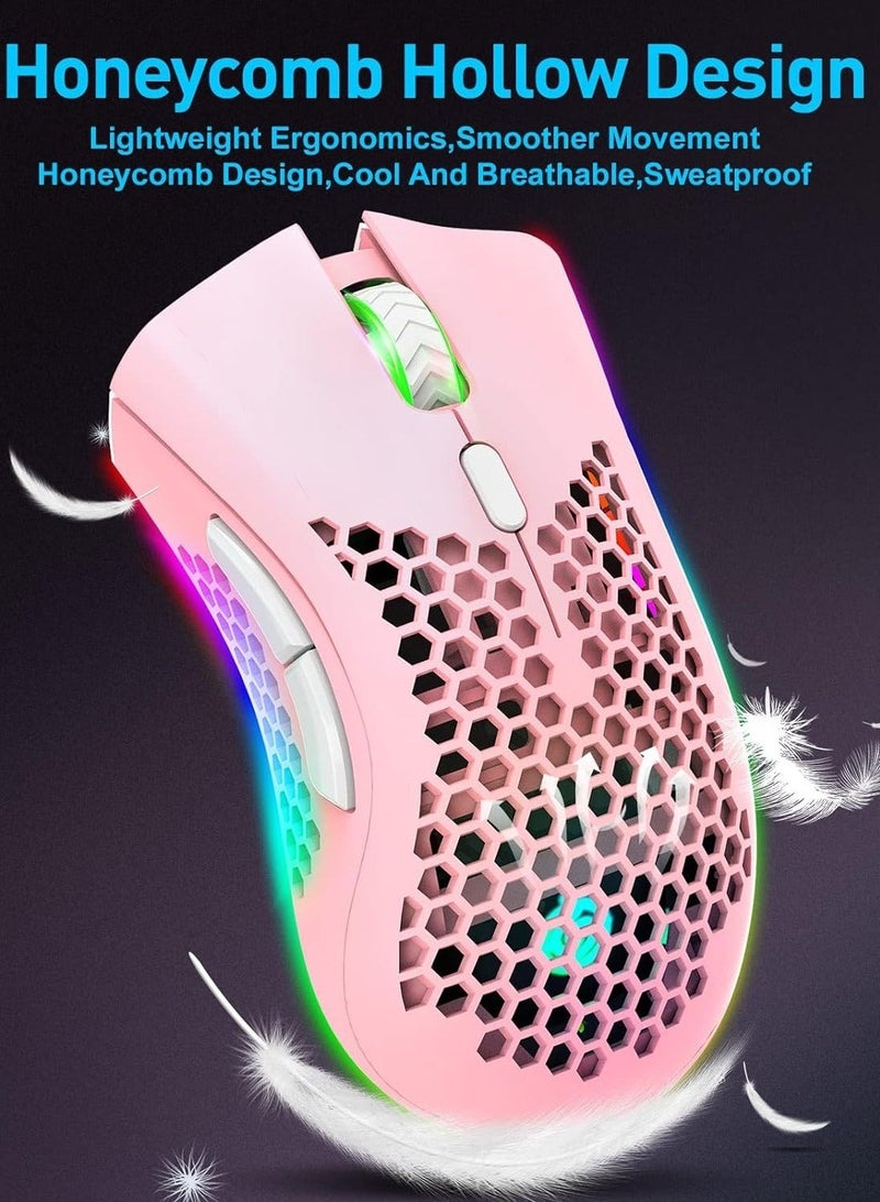 BM600 Wireless Lightweight Gaming Mouse, 2.4G Wireless Rechargeable Computer Mouse with Honeycomb Shell, USB Receiver, Adjustable DPI, Ergonomic RGB Gamer Mice for PC Mac Gamer