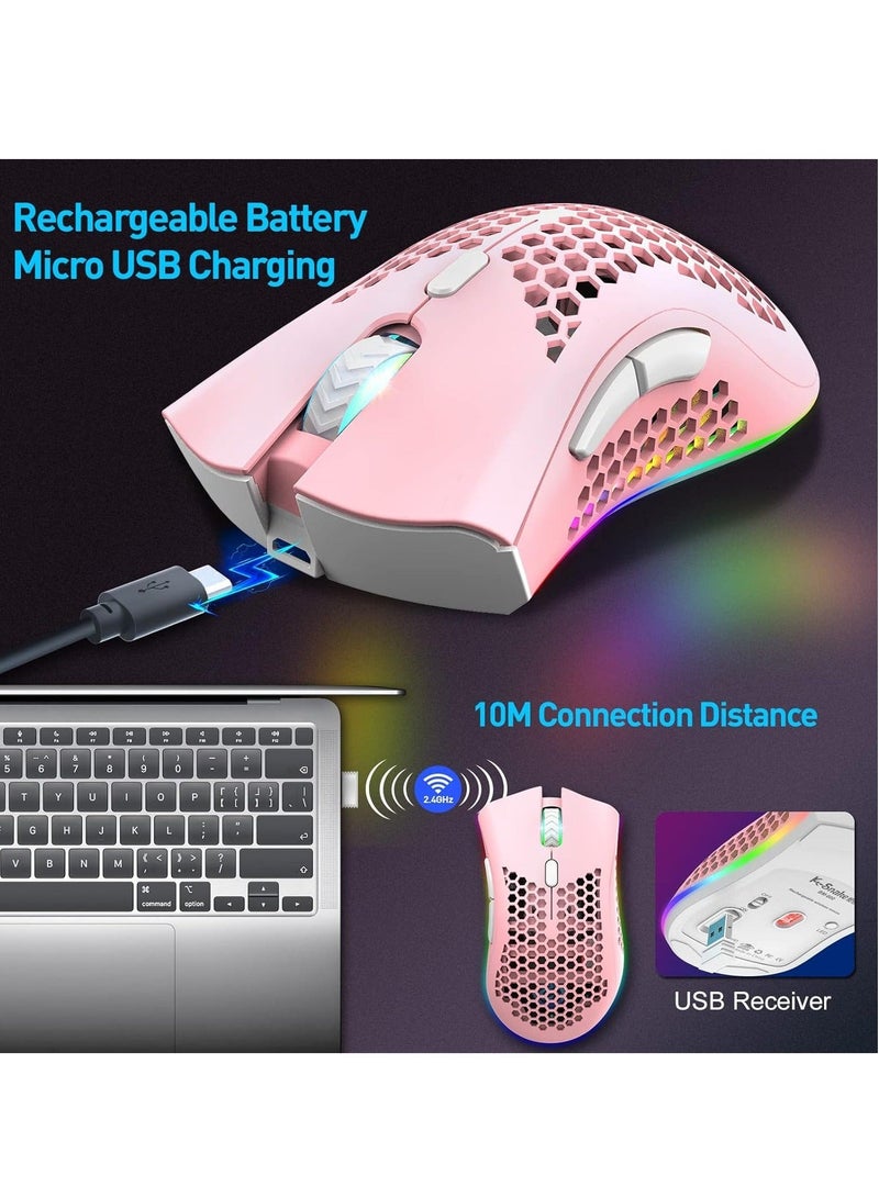 BM600 Wireless Lightweight Gaming Mouse, 2.4G Wireless Rechargeable Computer Mouse with Honeycomb Shell, USB Receiver, Adjustable DPI, Ergonomic RGB Gamer Mice for PC Mac Gamer