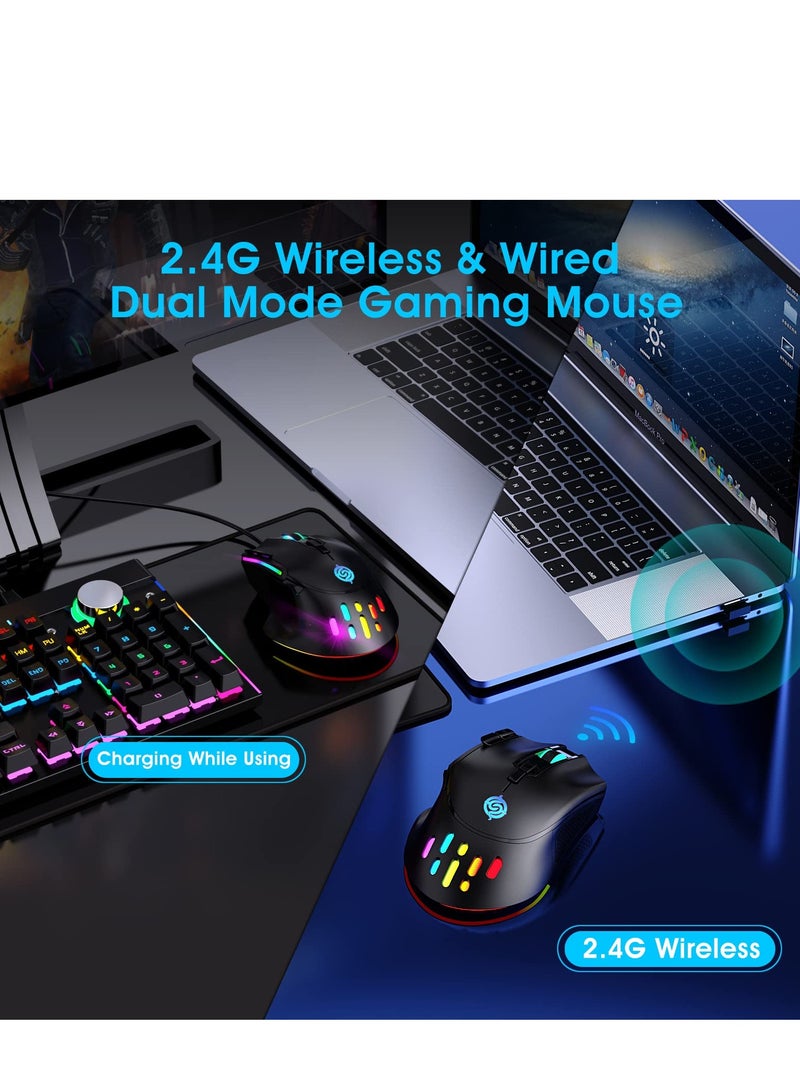 Wireless Gaming Mouse, Wired and Wireless Dual Modes Rechargeable RGB Gaming Mouse with 7 Buttons, Ergonomic and 3 Adjustable DPI Levels up to 3200 DPI for PC Laptop Gamer (Black)