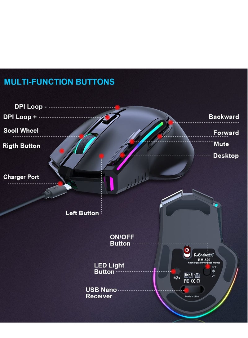 Wireless Gaming Mouse, Wired and Wireless Dual Modes Rechargeable RGB Gaming Mouse with 7 Buttons, Ergonomic and 3 Adjustable DPI Levels up to 3200 DPI for PC Laptop Gamer (Black)