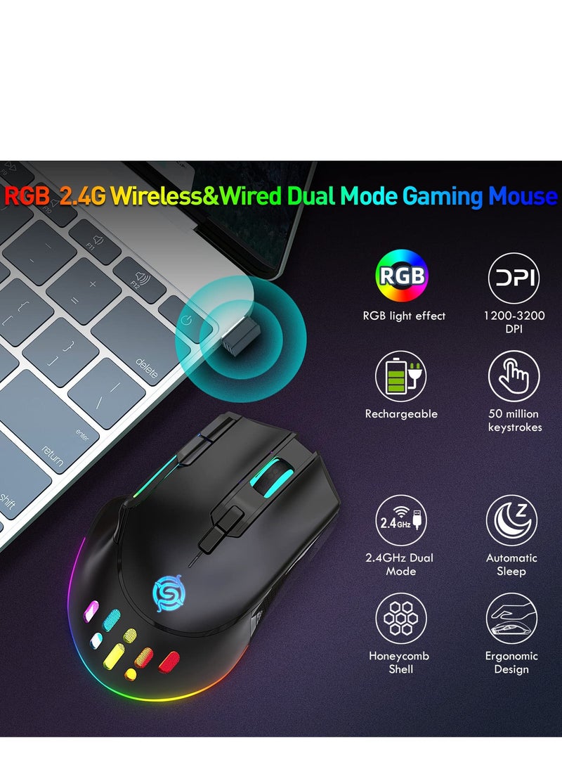 Wireless Gaming Mouse, Wired and Wireless Dual Modes Rechargeable RGB Gaming Mouse with 7 Buttons, Ergonomic and 3 Adjustable DPI Levels up to 3200 DPI for PC Laptop Gamer (Black)