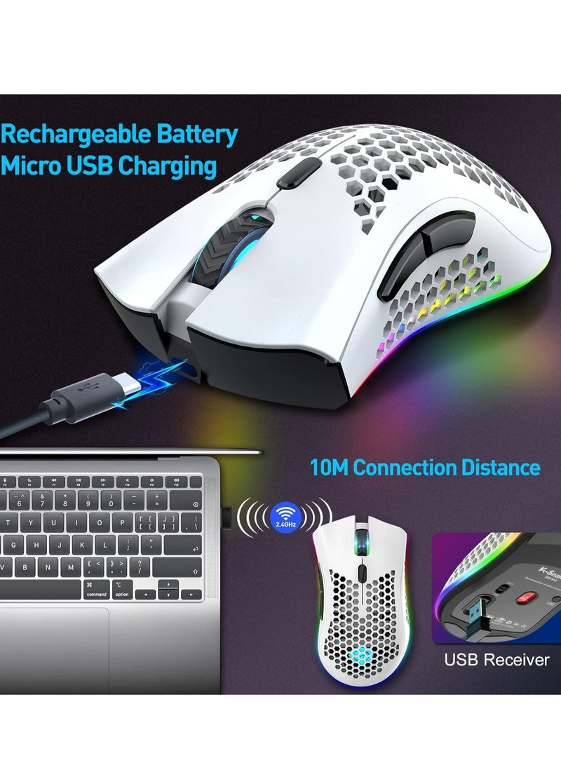 BM600 Wireless Lightweight Gaming Mouse,2.4G Wireless Rechargeable Computer Mouse with Honeycomb Shell, USB Receiver, Adjustable DPI, Ergonomic RGB Gamer Mice for PC Mac Gamer