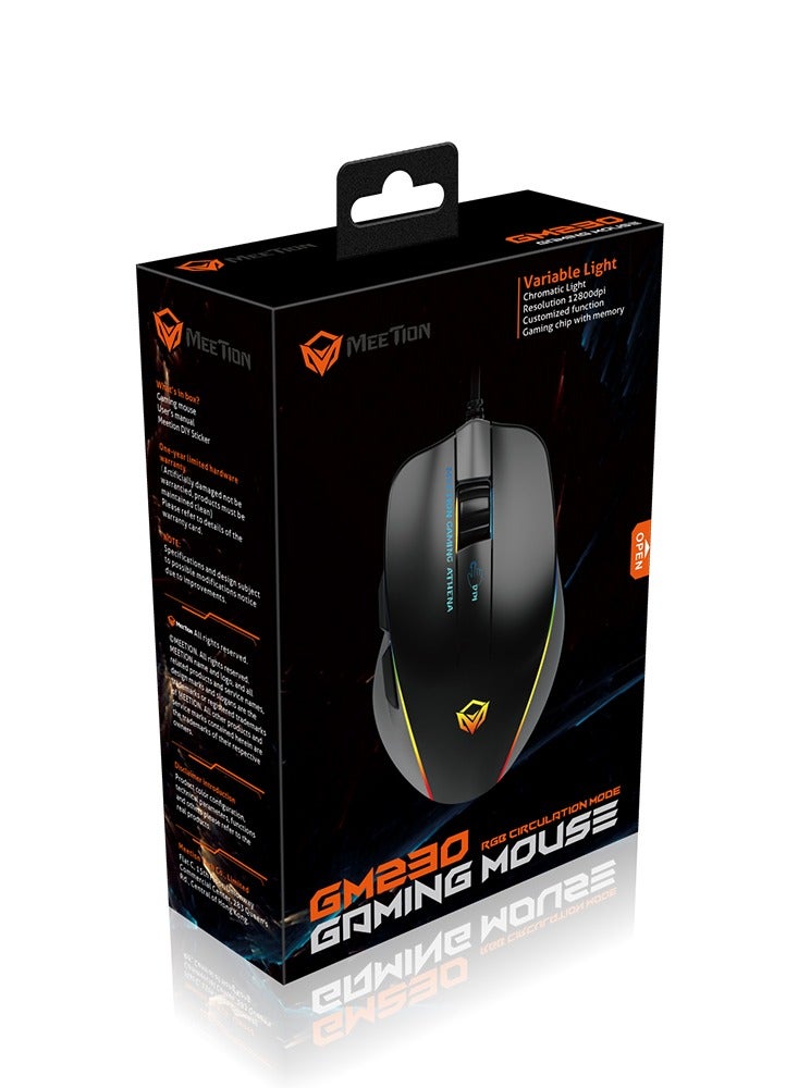 GM230 Gaming Mouse Lightweight High-Performance Wired Gaming Mouse 12800 DPI Adjustable Wired RGB Lighting Mechanical Switches with 5 Buttons Ergonomic Design On-Board Memory Classic Black