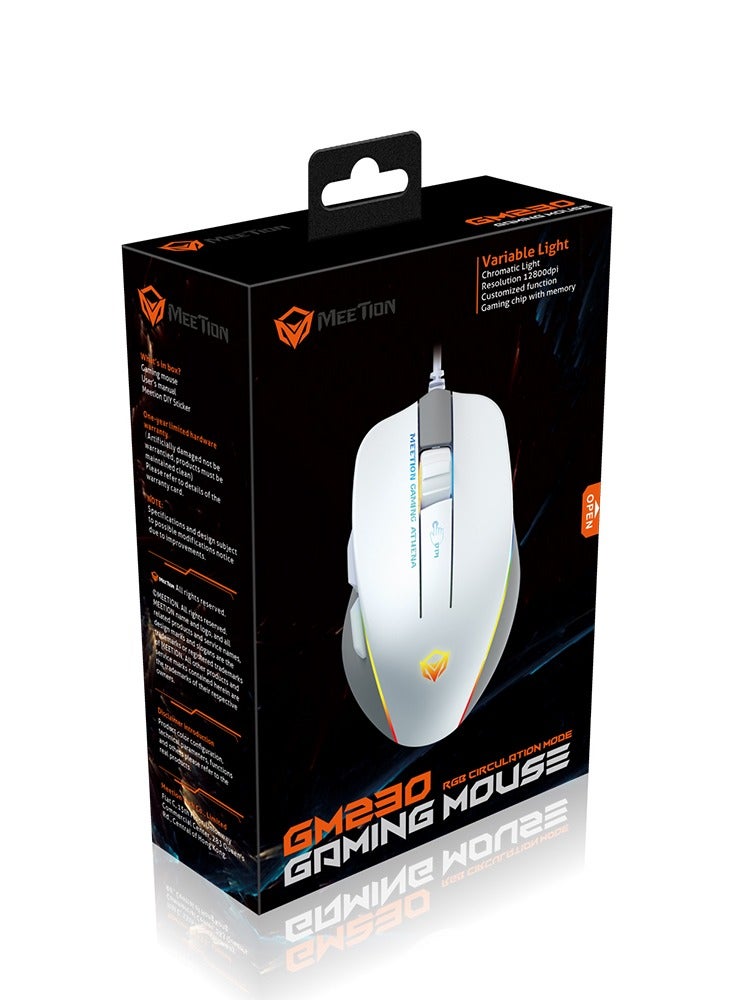 GM230 Gaming Mouse Lightweight High-Performance Wired Gaming Mouse 12800 DPI Adjustable Wired RGB Lighting Mechanical Switches with 5 Buttons Ergonomic Design On-Board Memory Classic White