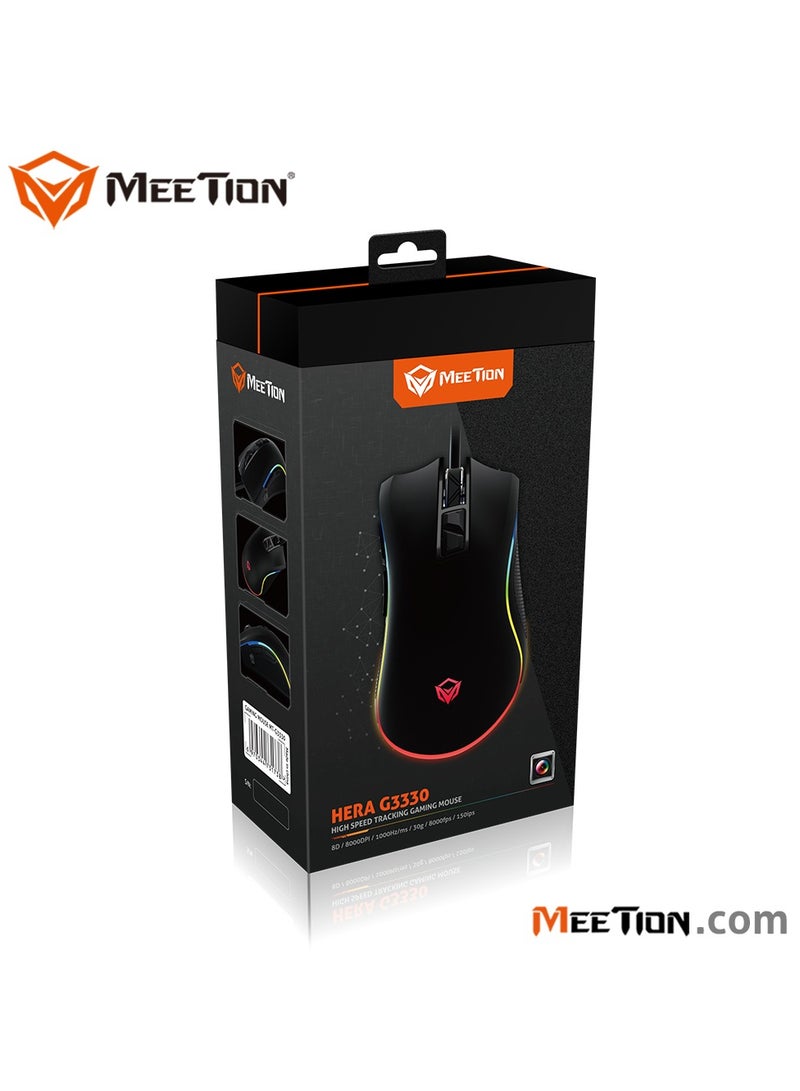 MT-G3330 High Performance Gaming Mouse Optical Wired Mouse with 8000 Adjustable DPI with RGB Light Weight Hyper Scroll Tilt Wheel Classic Black Back Lighting Elevate Your Gameplay Stylish