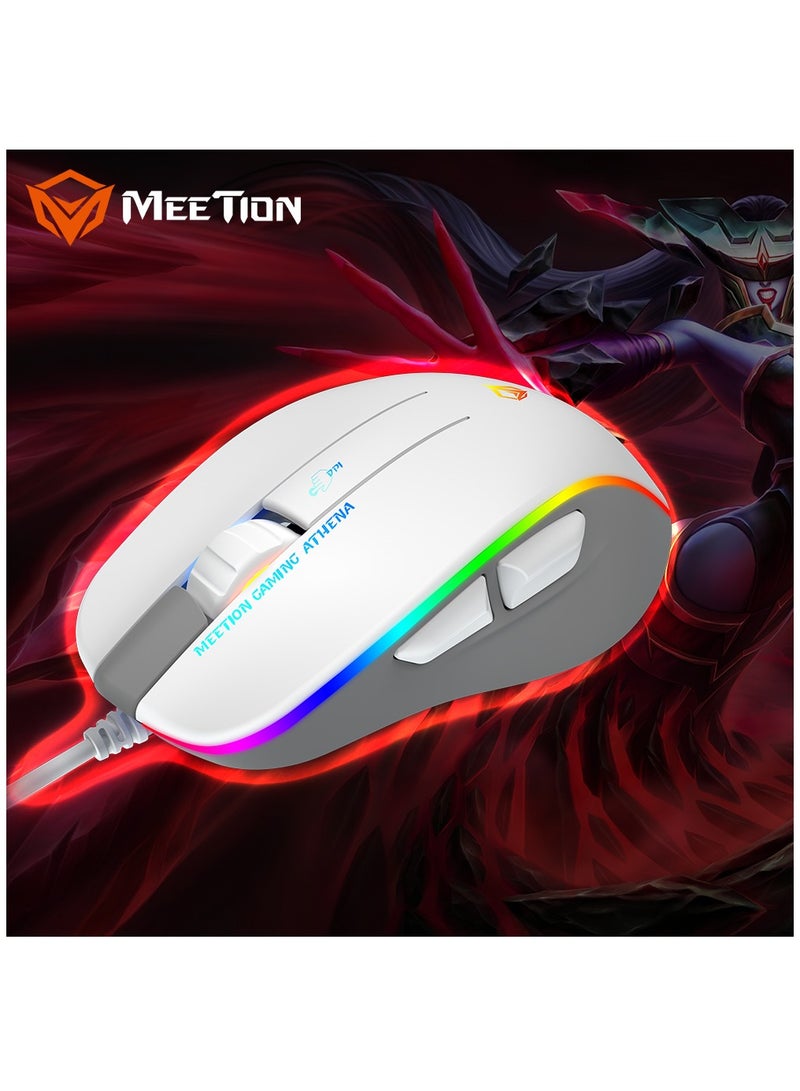 Meetion MT-GM230 Gaming Mouse Lightweight High-Performance Wired Gaming Mouse 12800 DPI Adjustable Wired RGB Lighting Mechanical Switches with 5 Buttons Ergonomic Design On-Board Memory Classic White