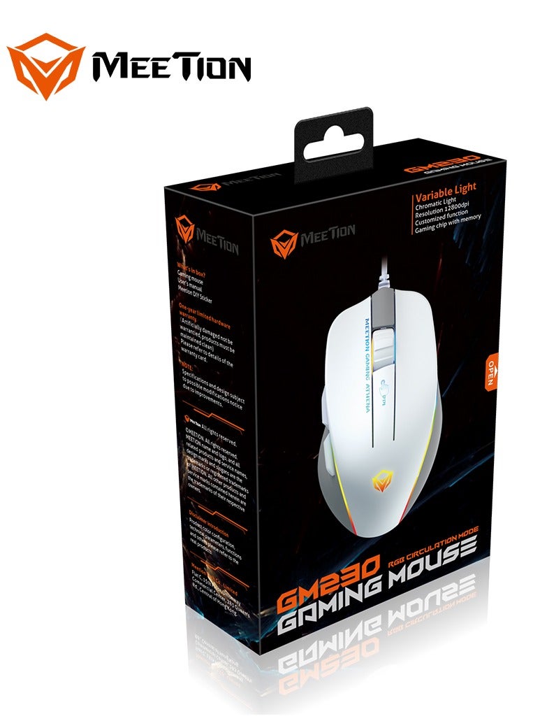 Meetion MT-GM230 Gaming Mouse Lightweight High-Performance Wired Gaming Mouse 12800 DPI Adjustable Wired RGB Lighting Mechanical Switches with 5 Buttons Ergonomic Design On-Board Memory Classic White