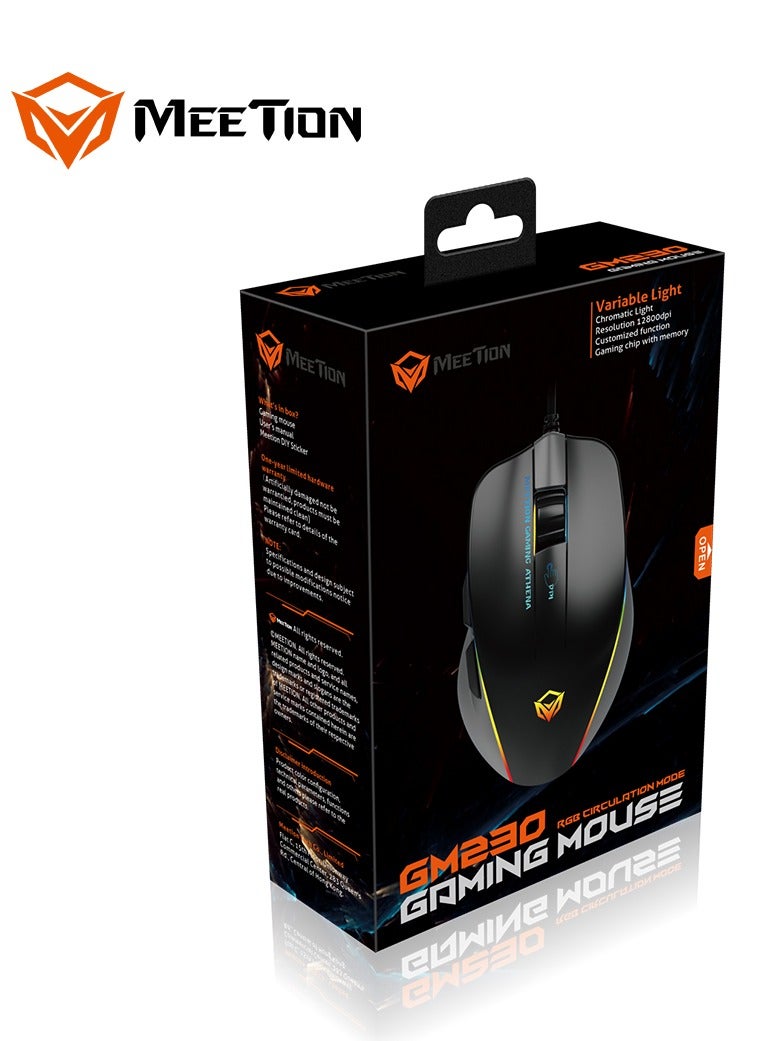 Meetion MT-GM230 Gaming Mouse Lightweight High-Performance Wired Gaming Mouse 12800 DPI Adjustable Wired RGB Lighting Mechanical Switches with 5 Buttons Ergonomic Design On-Board Memory Classic Black