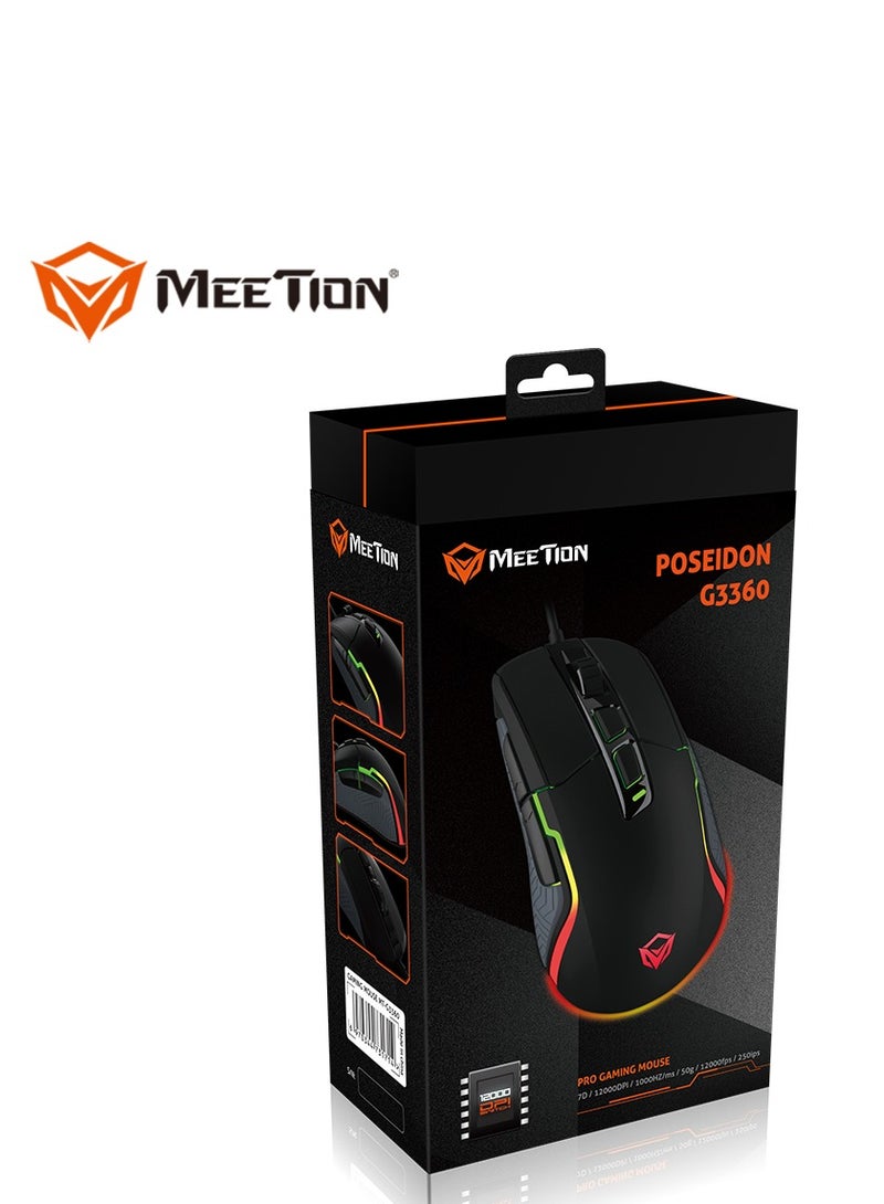 Meetion MT-G3360 High Performance Gaming Mouse Optical Wired Mouse with 12000 Adjustable DPI with RGB Light Weight Hyper Scroll Tilt Wheel Classic Black Back Lighting Elevate Your Gameplay Stylish