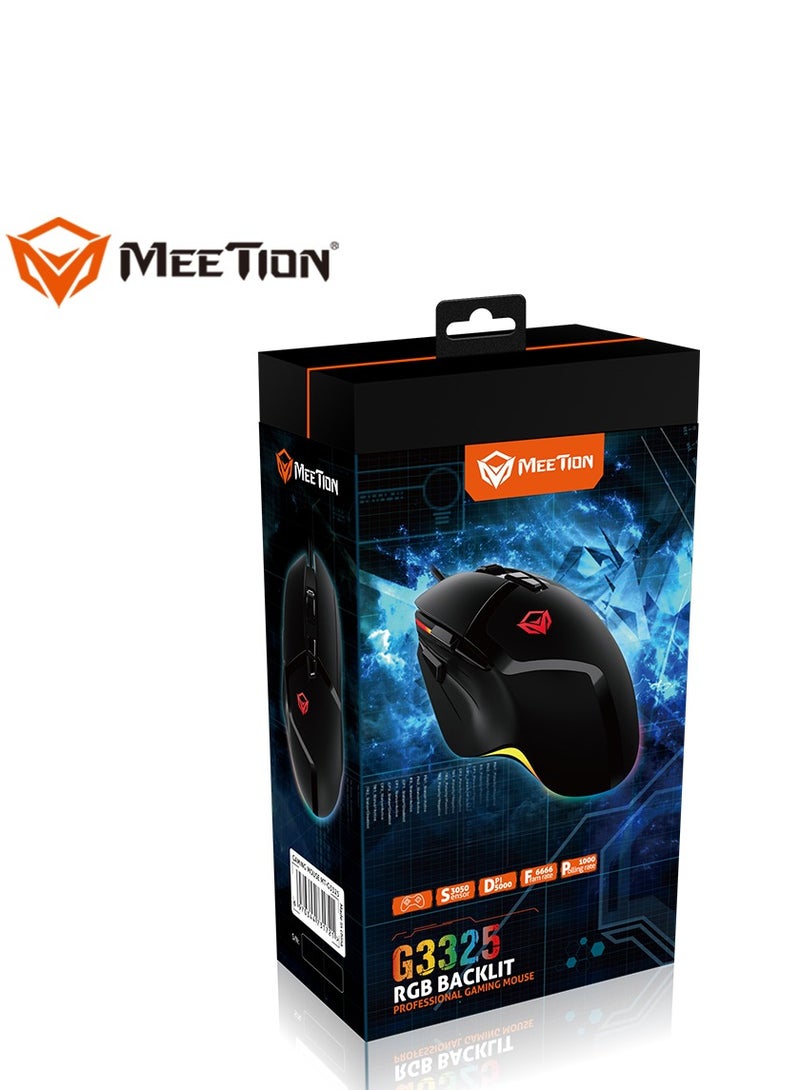 Meetion MT-G3325 High Performance Gaming Mouse Optical Wired Mouse with 5000 Adjustable DPI with RGB Light Weight Hyper Scroll Tilt Wheel Classic Black Back Lighting Elevate Your Gameplay Stylish