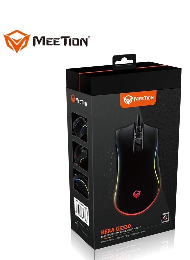 Meetion MT-G3330 High Performance Gaming Mouse Optical Wired Mouse with 8000 Adjustable DPI with RGB Light Weight Hyper Scroll Tilt Wheel Classic Black Back Lighting Elevate Your Gameplay Stylish