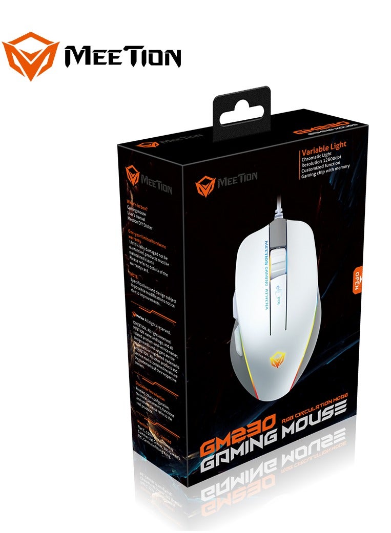 Meetion MT-GM230 Gaming Mouse Lightweight High-Performance Wired Gaming Mouse 12800 DPI Adjustable Wired RGB Lighting Mechanical Switches with 5 Buttons Ergonomic Design On-Board Memory Classic White