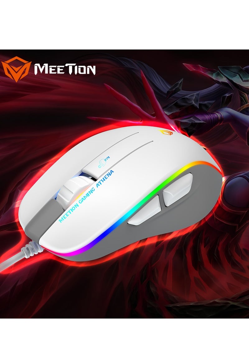 Meetion MT-GM230 Gaming Mouse Lightweight High-Performance Wired Gaming Mouse 12800 DPI Adjustable Wired RGB Lighting Mechanical Switches with 5 Buttons Ergonomic Design On-Board Memory Classic White