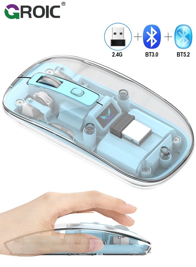 Blue Wireless Mouse, Bluetooth & USB 2.4GHz Mini Lightweight Mouse, Rechargeable Computer Mice, Ergonomic Design, Ambidextrous, Adjustable DPI, Transparent, Soundless