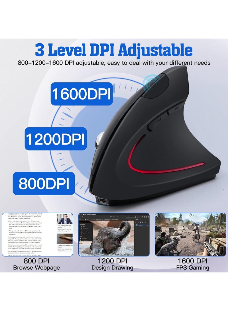 Gaming Vertical Wireless Mouse 2.4GHz Rechargeable Ergonomic Optical Mice with Comfortable Frosted Texture 3 Adjustable DPI Office Computer Mice Compatible with PC Desktop Laptop