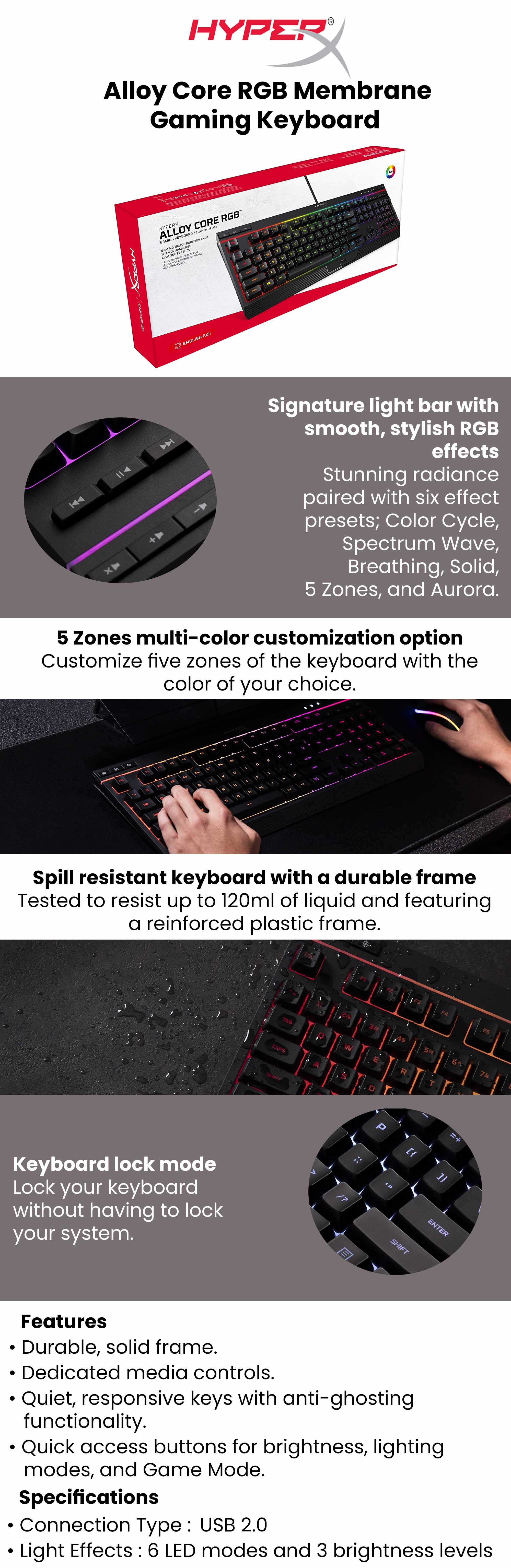 Alloy Core RGB - Gaming Keyboard, Membrane Switch, 5 Zones Multi-Color Customization, 6 LED Modes & 3 Brightness Levels, 1000Hz, Multi-Key Anti-Ghosting ,Acceleration, Game Mode |  4P4F5AA#ABA Black