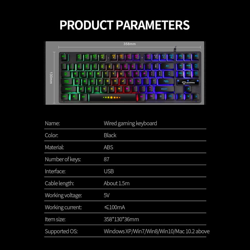 GK-10 USB Wired 87 Keys Ergonomic Gaming Keyboard