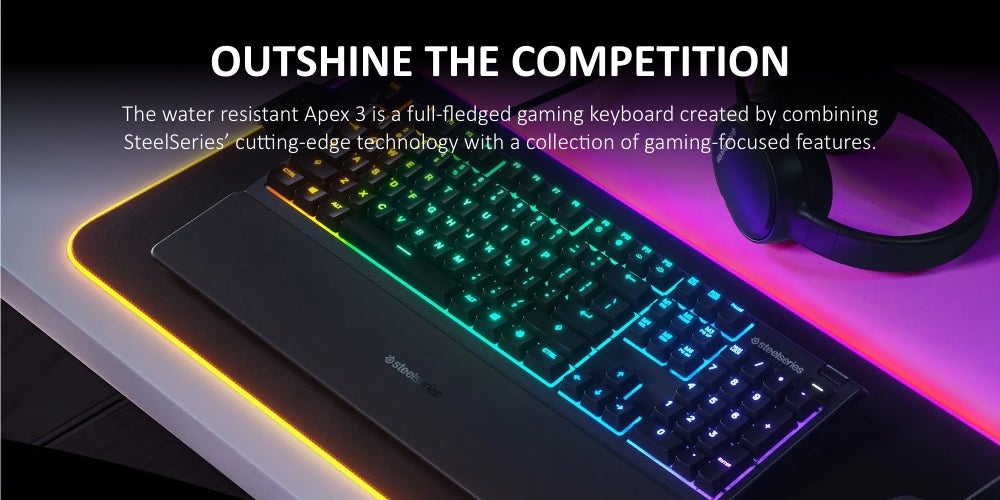 Apex 3 Water Resistant Gaming Keyboard, Premium Magnetic Wrist Rest, Whisper Quiet Gaming Switch, 10-Zone RGB Illumination, Anti-Ghosting, English US Layout, Black | 64795