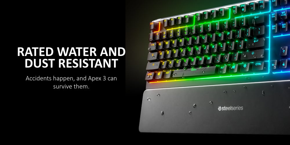 Apex 3 Water Resistant Gaming Keyboard, Premium Magnetic Wrist Rest, Whisper Quiet Gaming Switch, 10-Zone RGB Illumination, Anti-Ghosting, English US Layout, Black | 64795