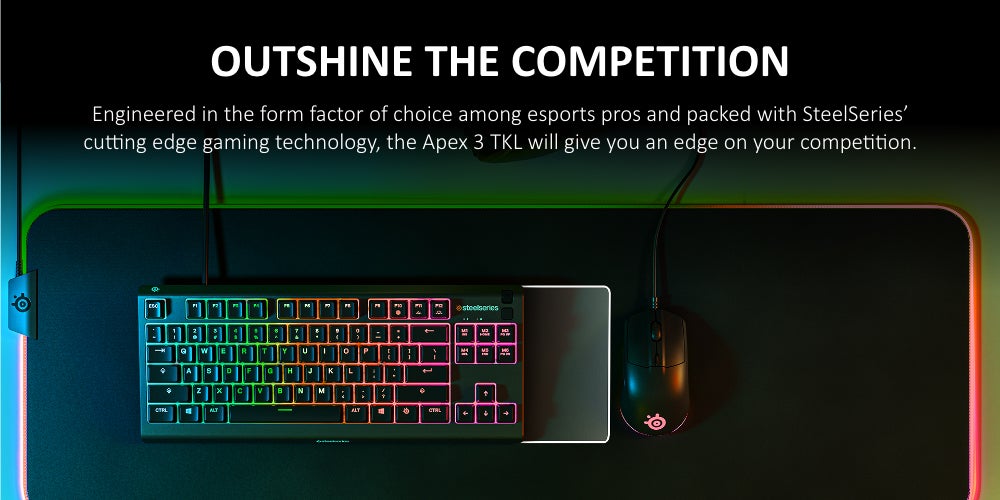 SteelSeries Apex 3 TKL - RGB Gaming Keyboard - Tenkeyless Compact Esports Form Factor - 8-Zone RGB Illumination - IP32 Water & Dust Resistant - American QWERTY Layout, Black