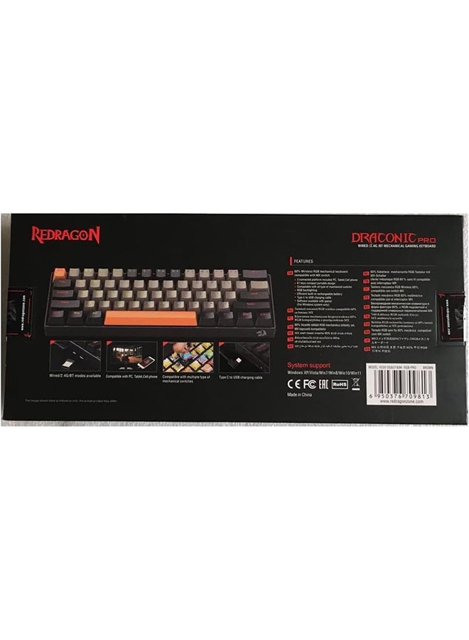 Redragon K530 DRACONIC RGB PRO 60% Wireless 2.4Ghz /Bluetooth/Wired 3-Mode 61 Keys Compact Mechanical Gaming Keyboard – Dust Proof Brown Switches (K530-OG&GY&BK-RGB-PRO)
