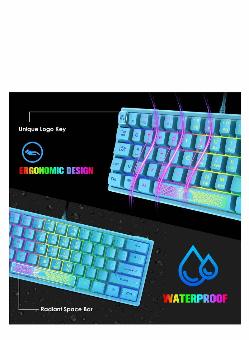 60% Gaming Keyboard, Mini Portable Rainbow RGB Backlight Compact Ergonomic 62-Key Layout 19-Key Anti-Ghosting Mechanical Feel Waterproof USB Wired for PC Mac Windows Laptop Typist (Blue)