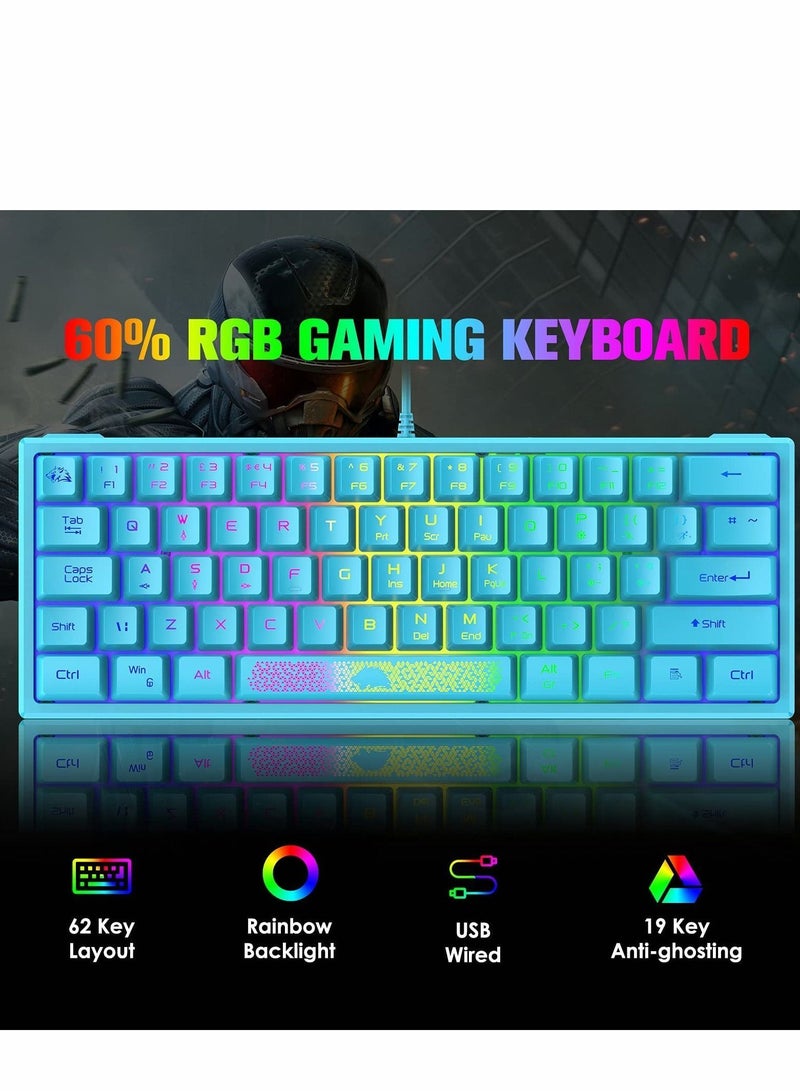 60% Gaming Keyboard, Mini Portable Rainbow RGB Backlight Compact Ergonomic 62-Key Layout 19-Key Anti-Ghosting Mechanical Feel Waterproof USB Wired for PC Mac Windows Laptop Typist (Blue)