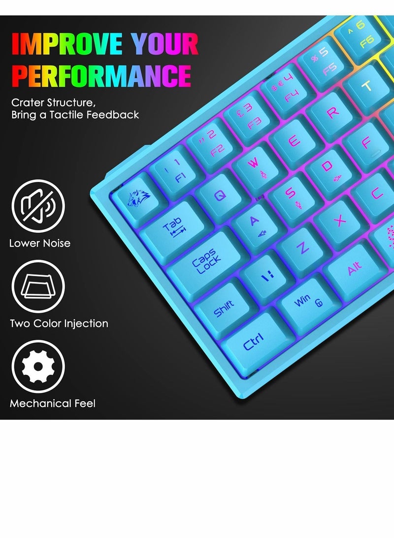 60% Gaming Keyboard, Mini Portable Rainbow RGB Backlight Compact Ergonomic 62-Key Layout 19-Key Anti-Ghosting Mechanical Feel Waterproof USB Wired for PC Mac Windows Laptop Typist (Blue)