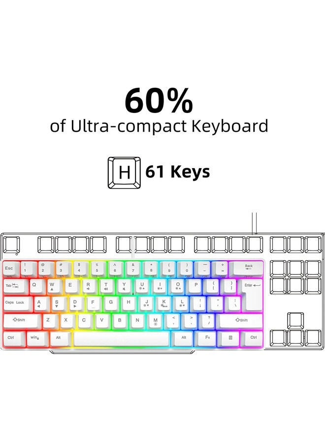 Rock Pow 60% Wired Gaming Keyboard, 61 Keys RGB Backlit Wrist Rest Ultra-Compact Mini Waterproof Keyboard for PC Computer Gamer White