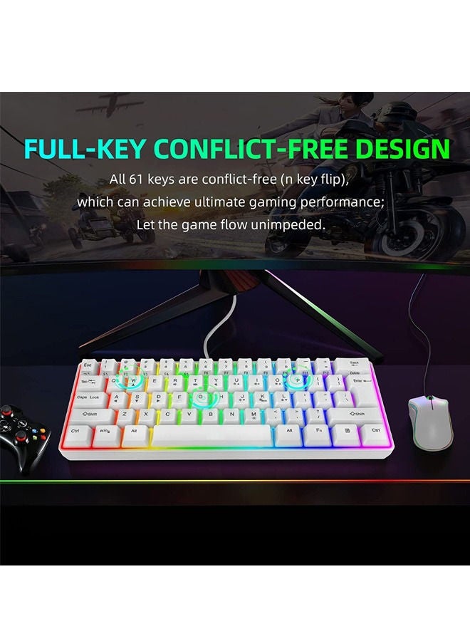 Rock Pow 60% Wired Gaming Keyboard, 61 Keys RGB Backlit Wrist Rest Ultra-Compact Mini Waterproof Keyboard for PC Computer Gamer White