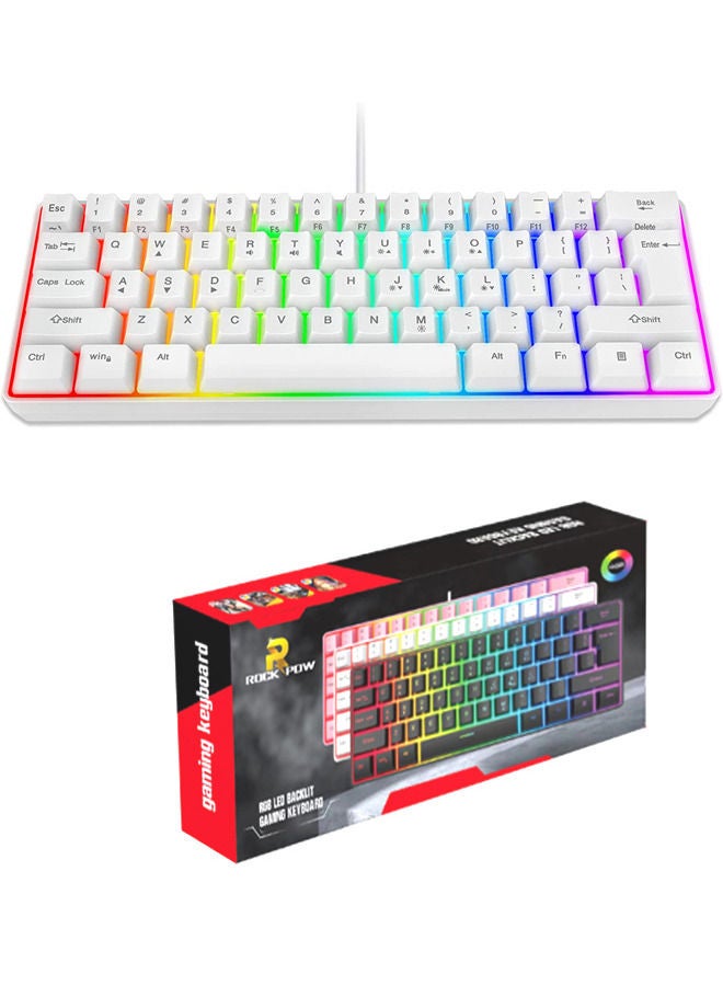 Rock Pow 60% Wired Gaming Keyboard, 61 Keys RGB Backlit Wrist Rest Ultra-Compact Mini Waterproof Keyboard for PC Computer Gamer White