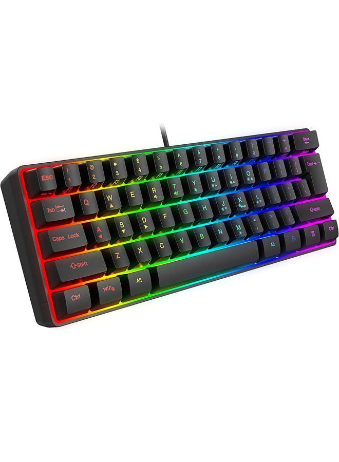 Rock Pow 60% Wired Gaming Keyboard, RGB Backlit Ultra-Compact Mini Keyboard, Waterproof Small Compact 61 Keys Keyboard for PC/Mac Gamer, Typist, Travel, Easy to Carry on Business Trip Black
