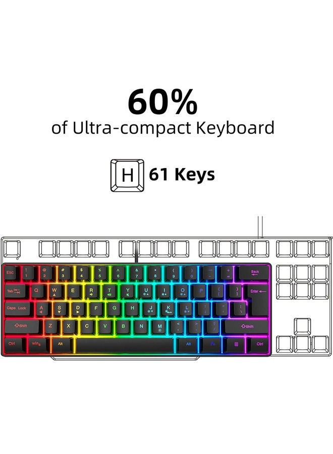 Rock Pow 60% Wired Gaming Keyboard, RGB Backlit Ultra-Compact Mini Keyboard, Waterproof Small Compact 61 Keys Keyboard for PC/Mac Gamer, Typist, Travel, Easy to Carry on Business Trip Black