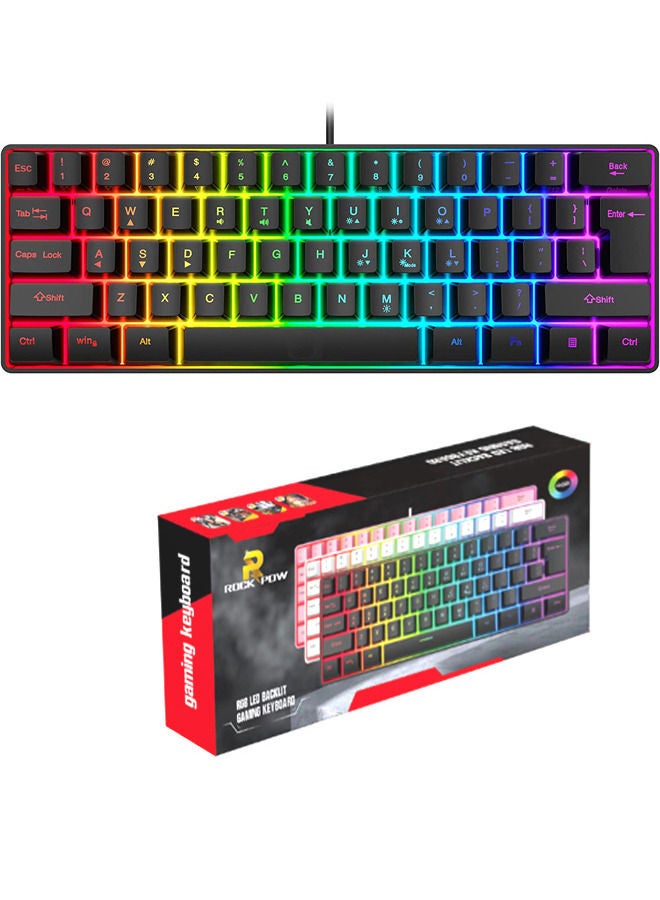 Rock Pow 60% Wired Gaming Keyboard, RGB Backlit Ultra-Compact Mini Keyboard, Waterproof Small Compact 61 Keys Keyboard for PC/Mac Gamer, Typist, Travel, Easy to Carry on Business Trip Black