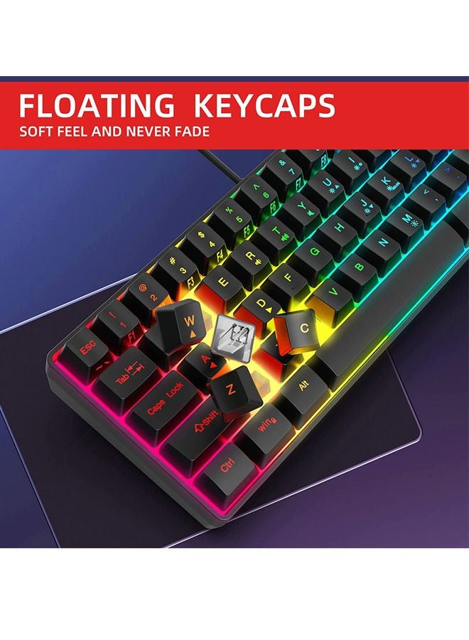 Rock Pow 60% Wired Gaming Keyboard, RGB Backlit Ultra-Compact Mini Keyboard, Waterproof Small Compact 61 Keys Keyboard for PC/Mac Gamer, Typist, Travel, Easy to Carry on Business Trip Black