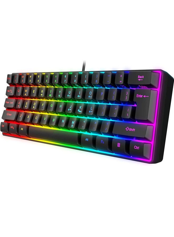 Rock Pow 60% Wired Gaming Keyboard, RGB Backlit Ultra-Compact Mini Keyboard, Waterproof Small Compact 61 Keys Keyboard for PC/Mac Gamer, Typist, Travel, Easy to Carry on Business Trip Black