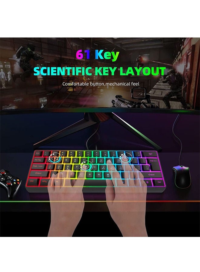 Rock Pow 60% Wired Gaming Keyboard, RGB Backlit Ultra-Compact Mini Keyboard, Waterproof Small Compact 61 Keys Keyboard for PC/Mac Gamer, Typist, Travel, Easy to Carry on Business Trip Black